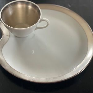 Mid Century BAVARIAN White TEA CUP & PLATE Dessert, Snack Tray W/ Silver Rim